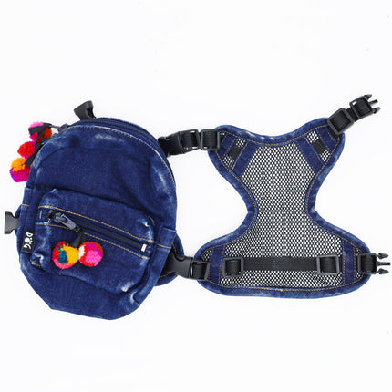 Doggie Denim Backpack Harness Vest - Chihuahua Patches