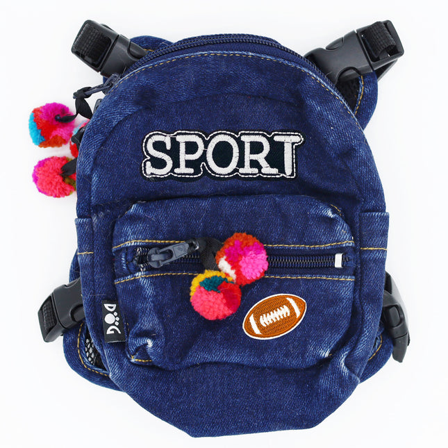 Doggie Denim Backpack Harness Vest - Football Patches