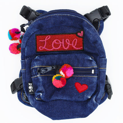 Doggie Denim Backpack Harness Vest - Love Patches