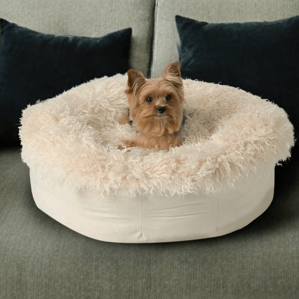 PupPoufLuxe Faux Fur Donut Dog Bed - Plush Sheep Ivory