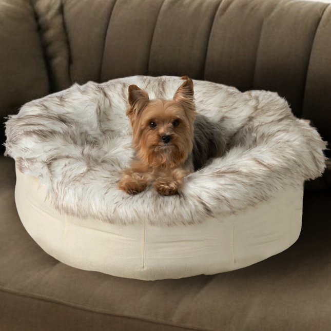 PupPouf™ Faux Fur Donut Dog Bed - White with Brown Accents