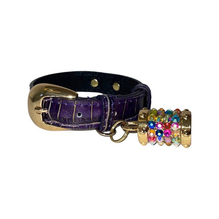 XS 7”-14” Purple/Gold Embossed Croc Italian Leather Collar/Custom Gold Oval Italian Hardware & Swarovski Crystal Charm