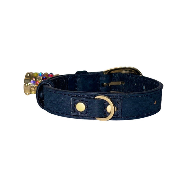 XS/S 7”-14” Matte Midnight Blue Custom Snake Collar/Custom Gold Oval Italian Hardware & Swarovski Crystal Charm