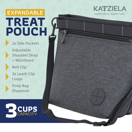 Katziela Expandable Pet Treat Pouch – Hands-Free Dog Treat Bag with Magnetic Closure, Anti-Spill Design, Adjustable Strap & Belt Clip for Training