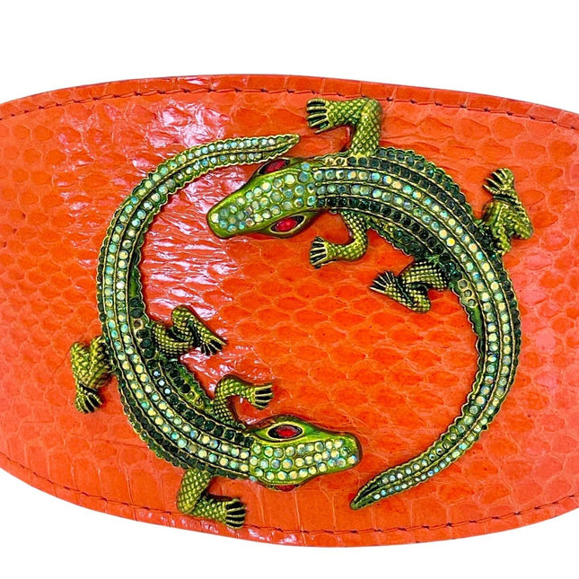 Orange Snake Collar With Green Rhinestone Alligators