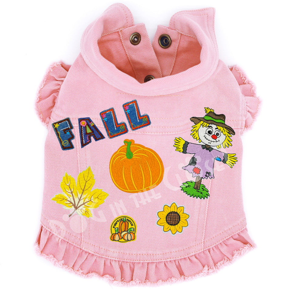 Fall Fun Denim Dog Jacket Pink Denim with Ruffles