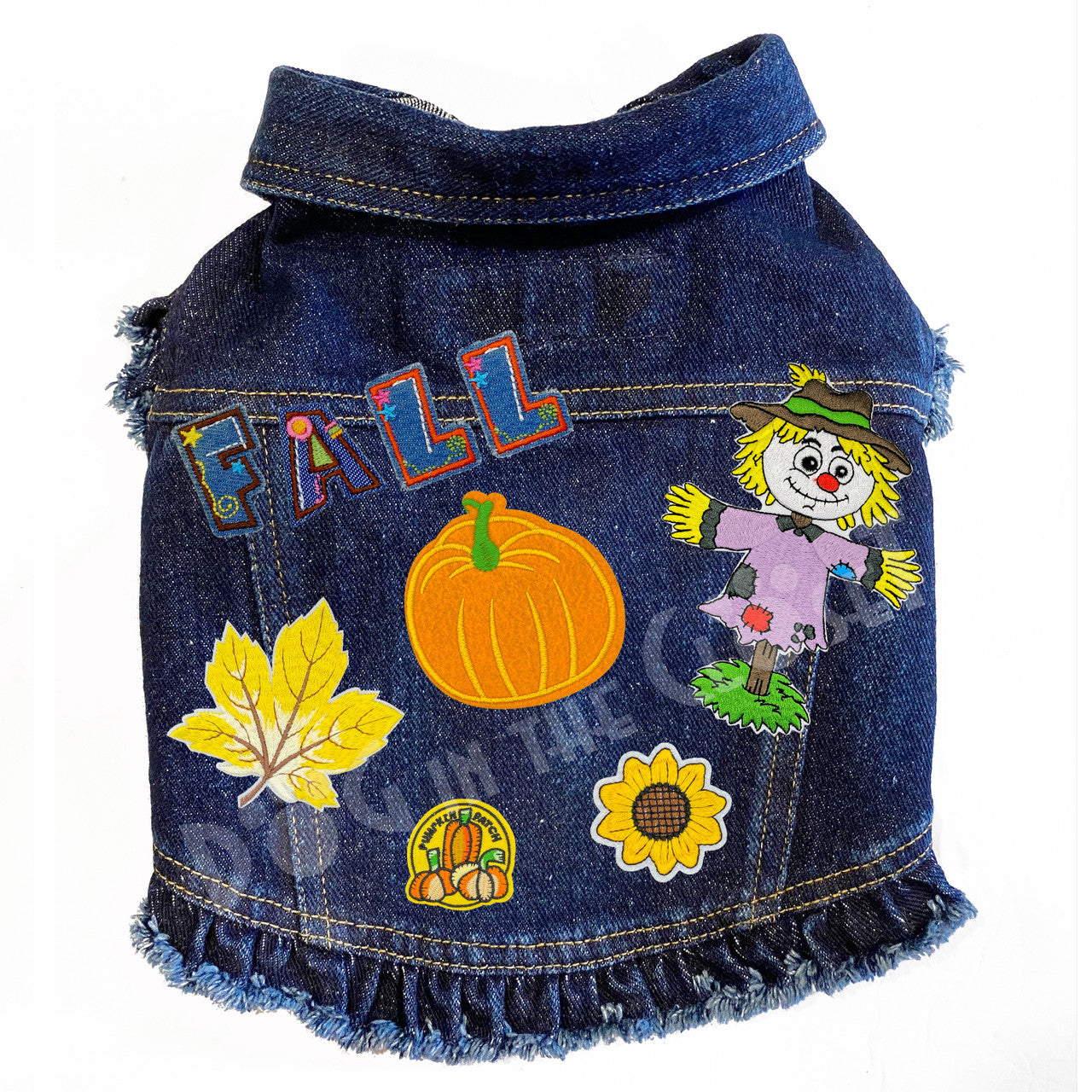 Fall Fun Denim Dog Jacket Blue Denim with Ruffles