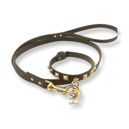 Fashion Collar and Plain Leash Set - Brown Faux Suede with Gold Studs