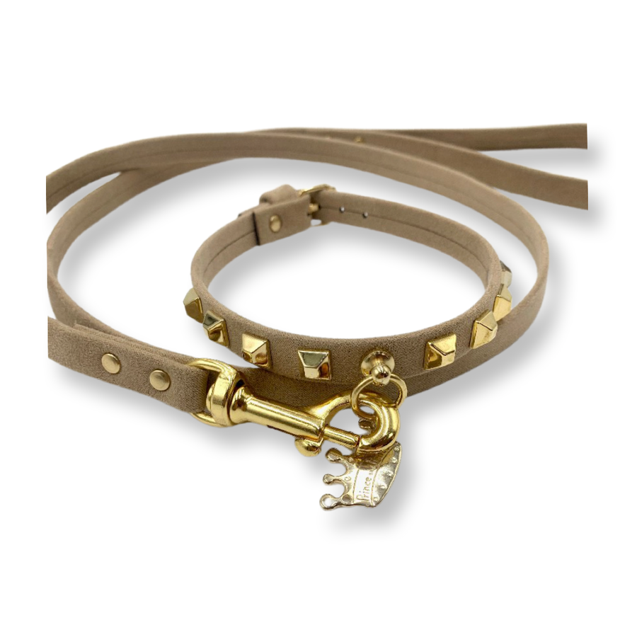 Fashion Collar and Plain Leash Set - Beige Faux Suede with Gold Studs
