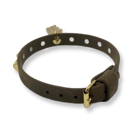 Fashion Collar and Plain Leash Set - Brown Faux Suede with Gold Studs