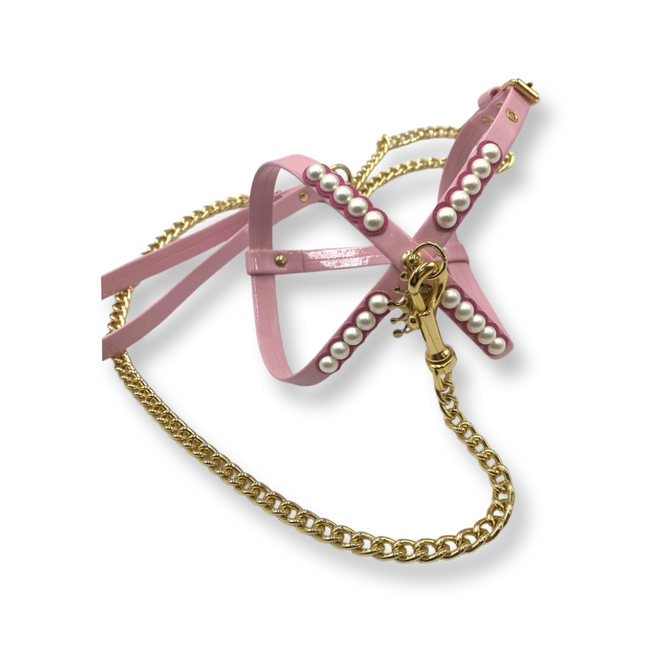 Fashion Dog Harness and Chain Leash Set - Pink with Pearls