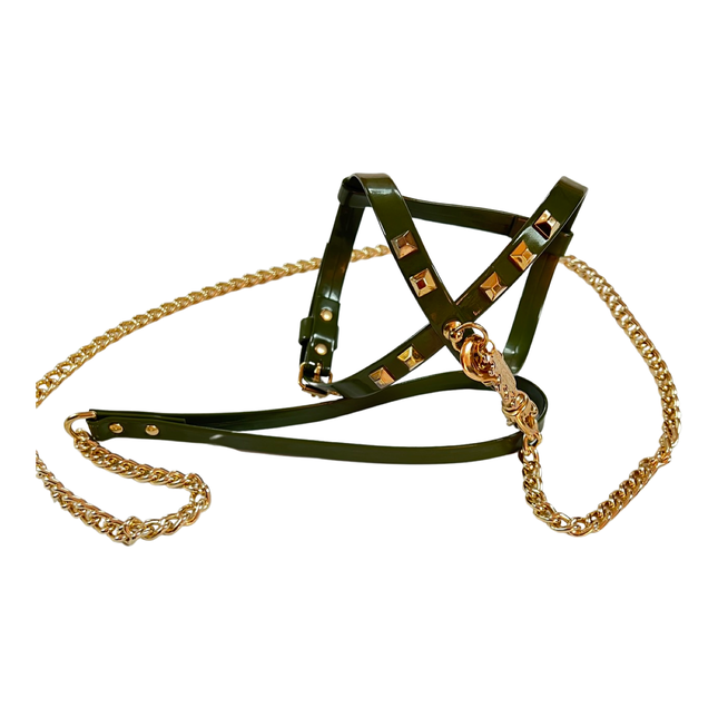 Fashion Dog Harness and Chain Leash Set - Olive Green with Gold Studs