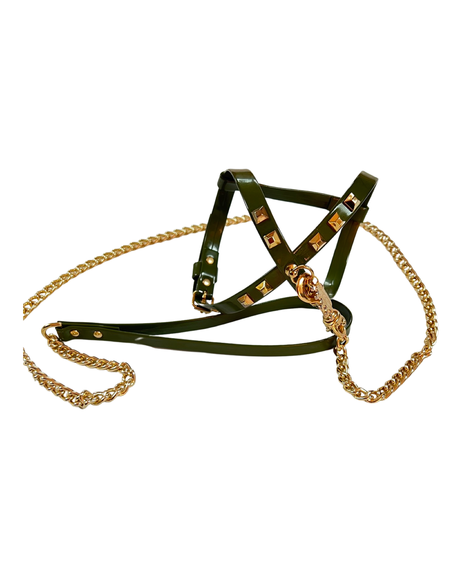 Fashion Dog Harness and Chain Leash Set - Olive Green with Gold Studs