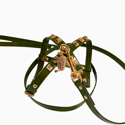 Fashion Dog Harness and Plain Leash Set - Olive Green with Gold Studs