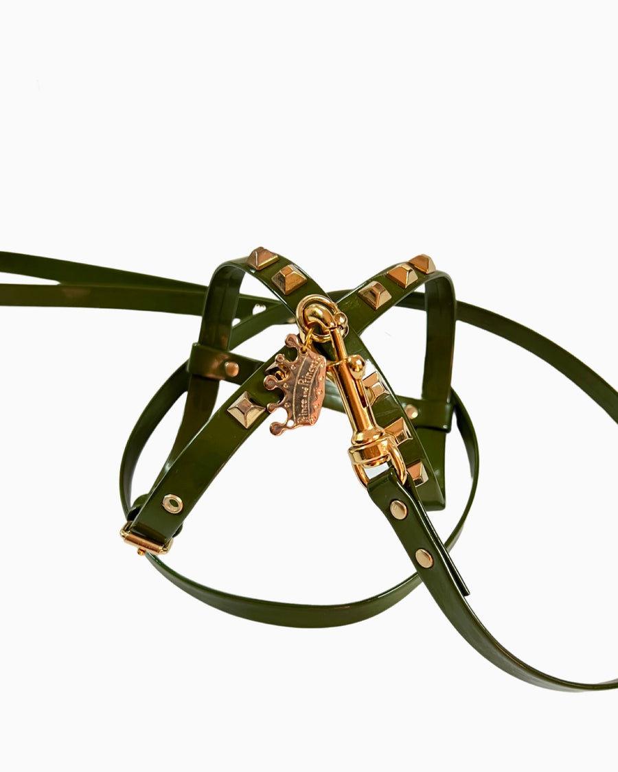 Fashion Dog Harness and Plain Leash Set - Olive Green with Gold Studs