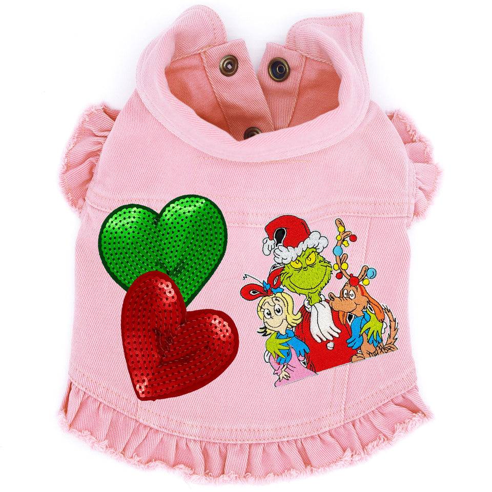 Grinch, Cindy Lou & Max Denim Dog Jacket Pink Denim with Ruffles