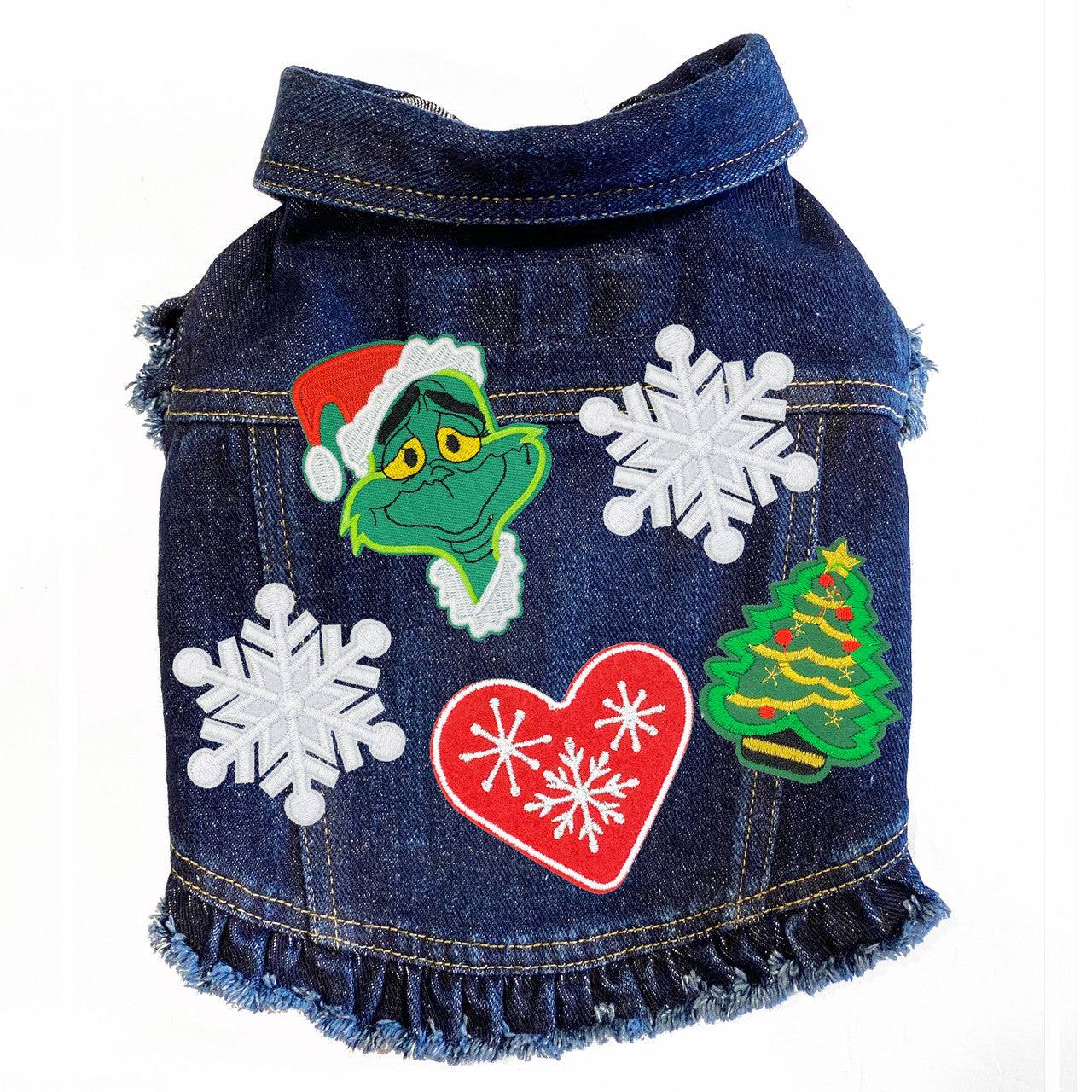 Grinch Denim Dog Jacket Blue Denim with Ruffles