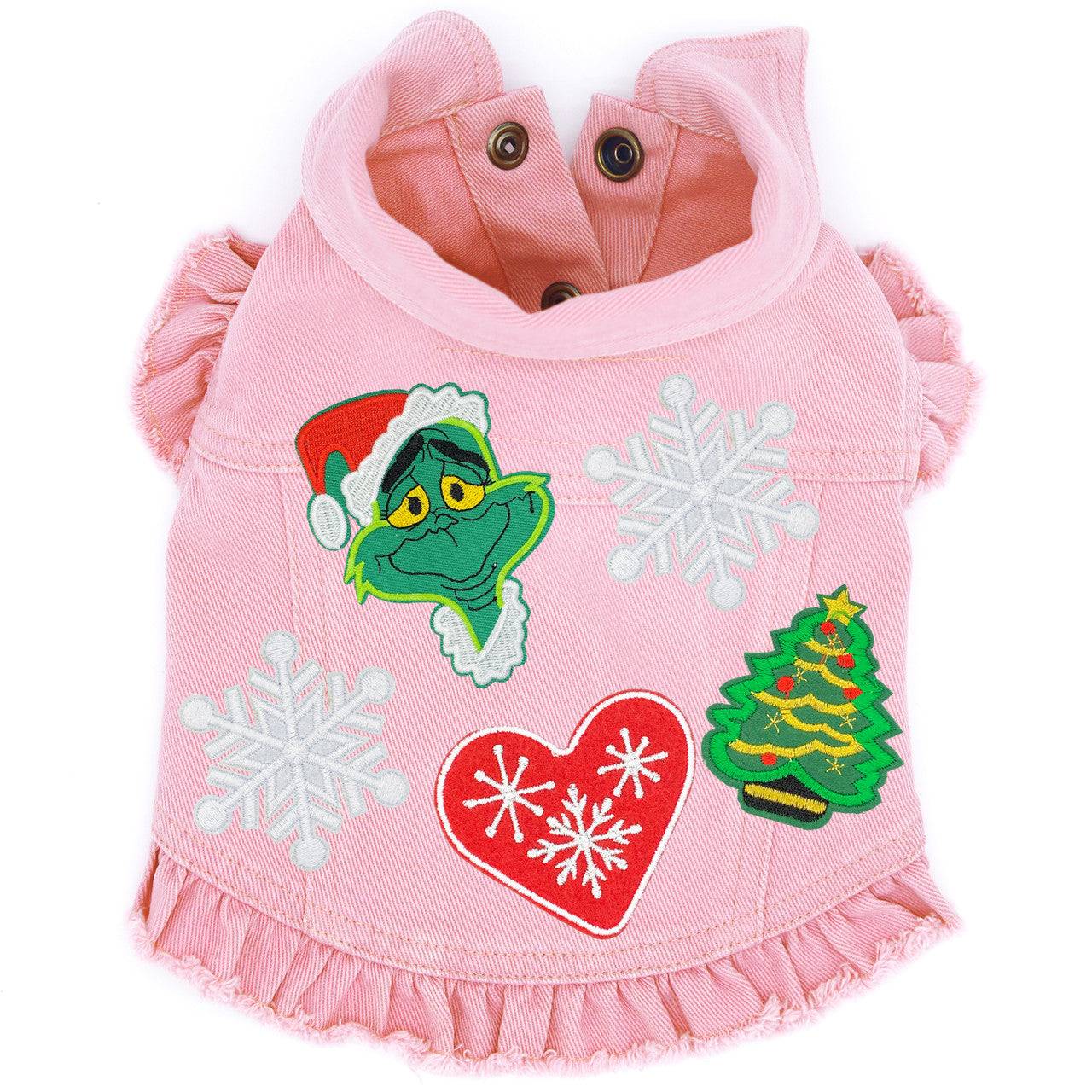 Grinch Denim Dog Jacket Pink Denim with Ruffles