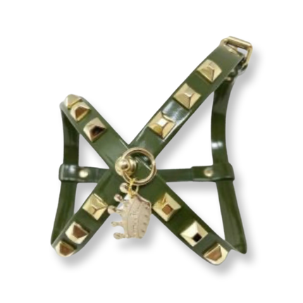 Fashion Dog Harness and Plain Leash Set - Olive Green with Gold Studs