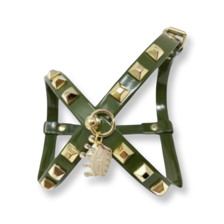 Fashion Dog Harness and Chain Leash Set - Olive Green with Gold Studs