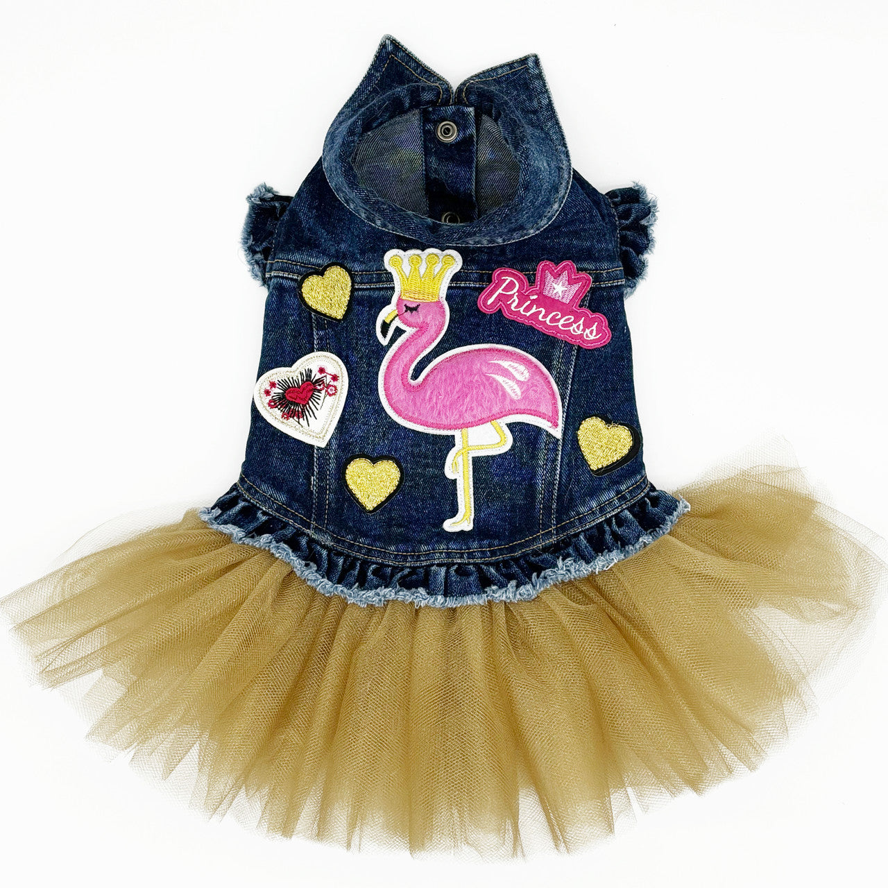 Pink Flamingo Denim Dog Jacket with Tutu Blue Denim with Ruffles