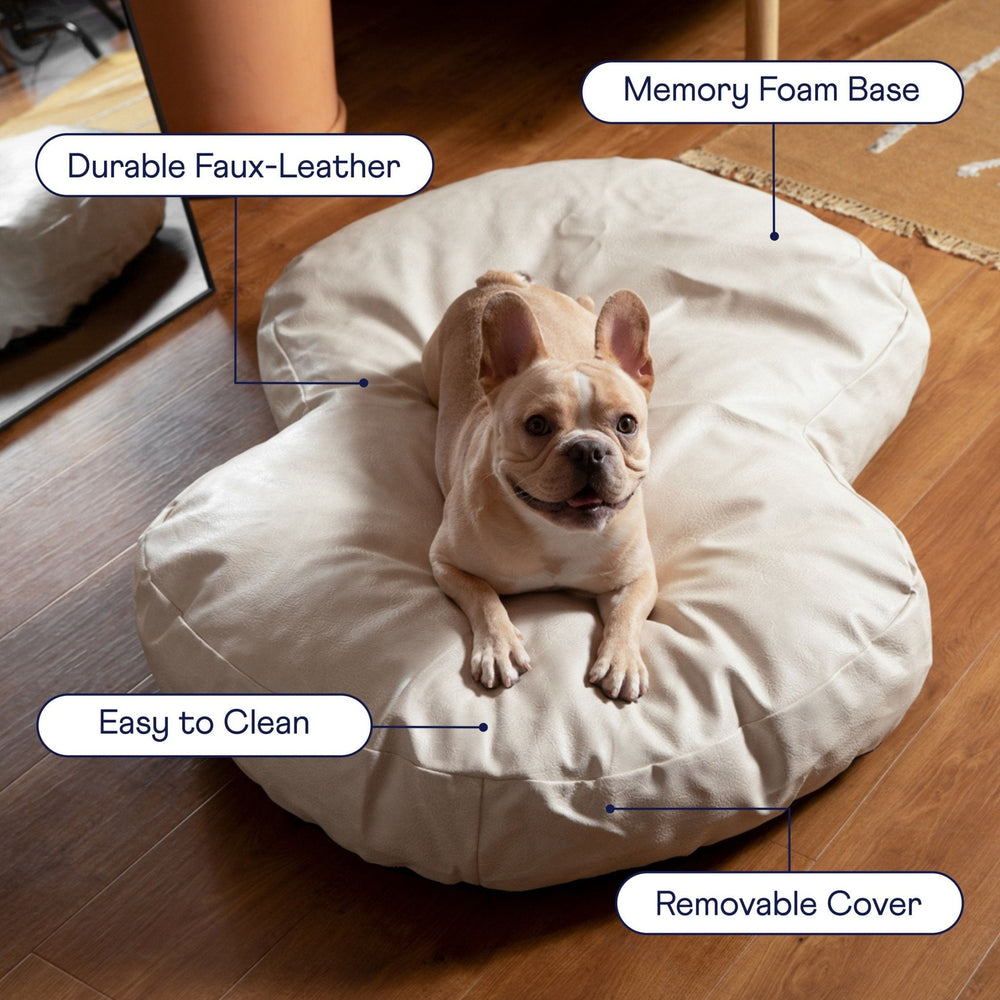 PupCloud™ Faux Leather Memory Foam Dog Bed - Cream