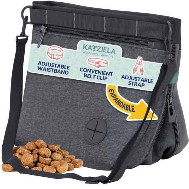 Katziela Expandable Pet Treat Pouch – Hands-Free Dog Treat Bag with Magnetic Closure, Anti-Spill Design, Adjustable Strap & Belt Clip for Training