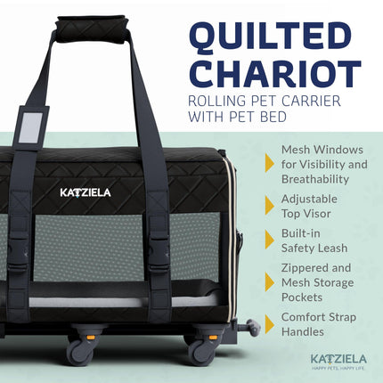 Quilted Chariot Pet Carrier with Removable Wheels and Telescopic Handle