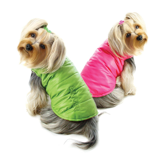 Reversible Puffer Vest with Ruffle Trims - Lime/Pink