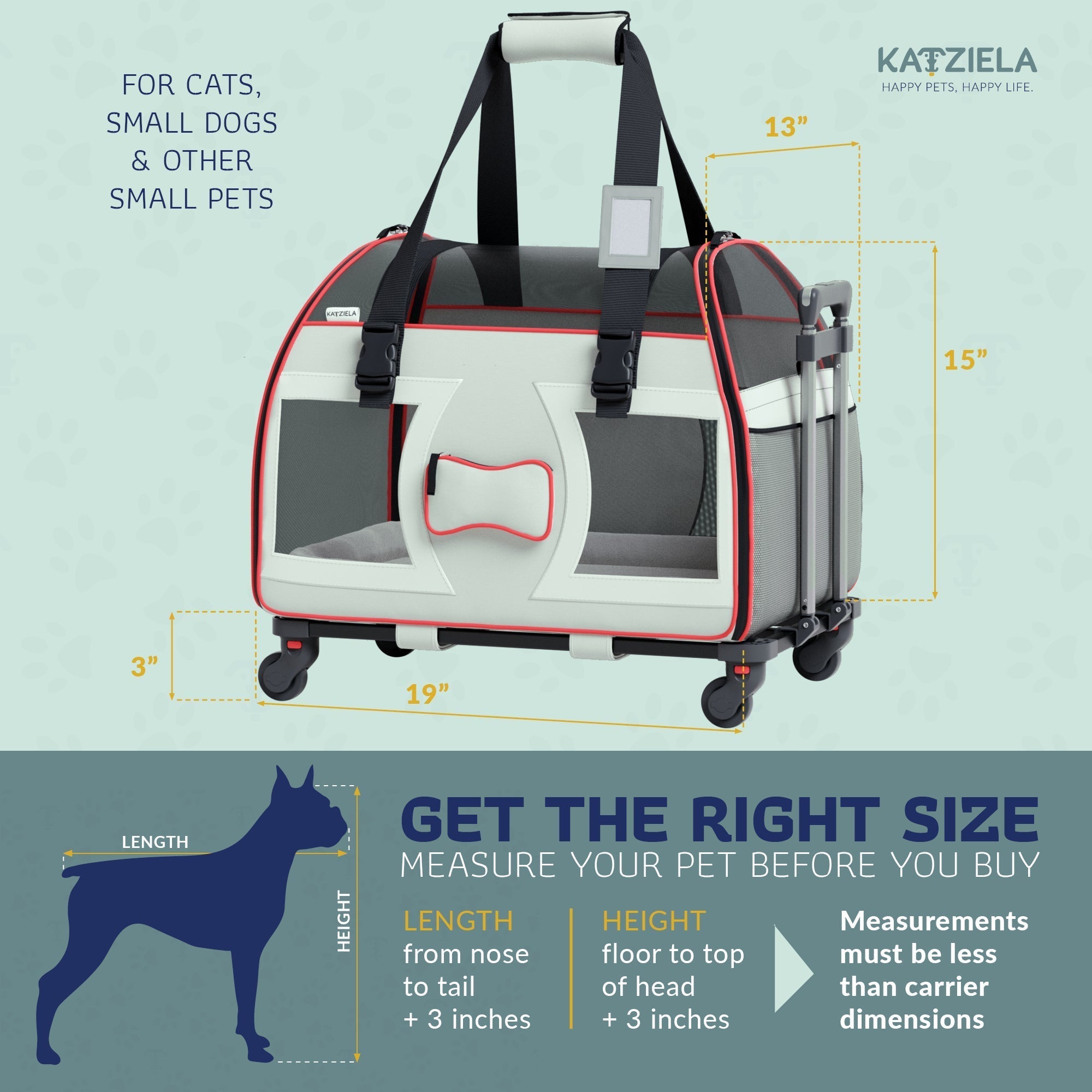 Katziela® Bone Cruiser PRO Pet Carrier with Removable Wheels and Telescopic Handle