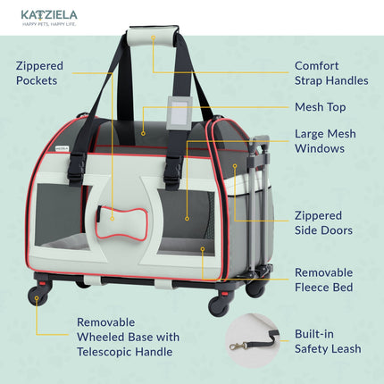 Katziela® Bone Cruiser PRO Pet Carrier with Removable Wheels and Telescopic Handle