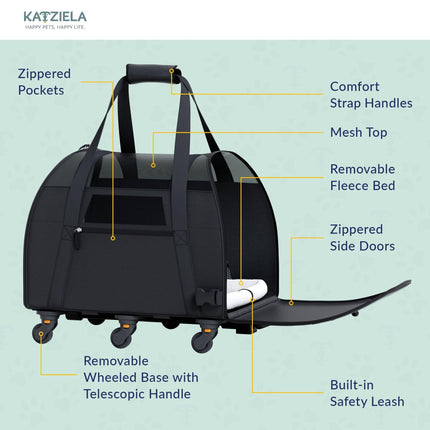 Katziela® Cozy Commuter Pet Carrier with Removable Wheels and Telescopic Handle