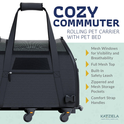 Katziela® Cozy Commuter Pet Carrier with Removable Wheels and Telescopic Handle