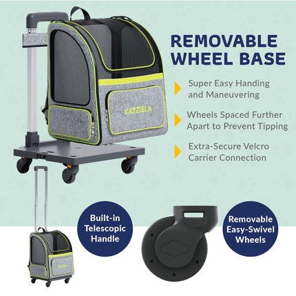 Katziela® Hybrid Adventurer Pet Backpack with Removable Wheels and Telescopic Handle