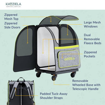 Katziela® Hybrid Adventurer Pet Backpack with Removable Wheels and Telescopic Handle