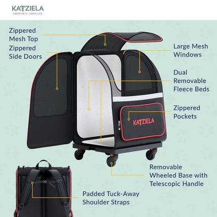 Katziela® Hybrid Adventurer Pet Backpack with Removable Wheels and Telescopic Handle