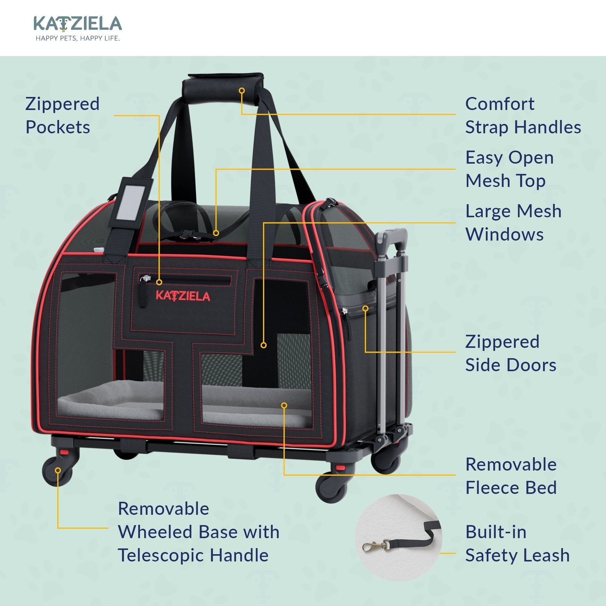 Katziela® Luxury Lorry PRO Pet Carrier with Removable Wheels and Telescopic Handle