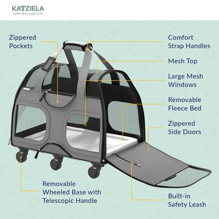 Katziela® Luxury Rider Pet Carrier with Removable Wheels and Telescopic Handle