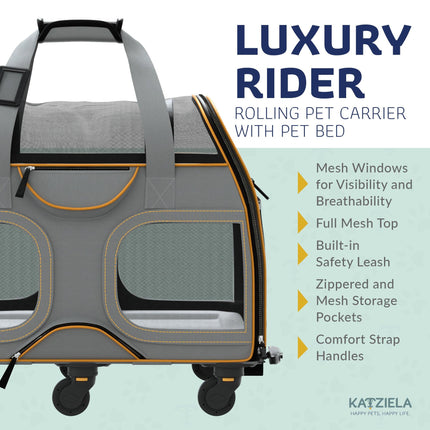 Katziela® Luxury Rider Pet Carrier with Removable Wheels and Telescopic Handle