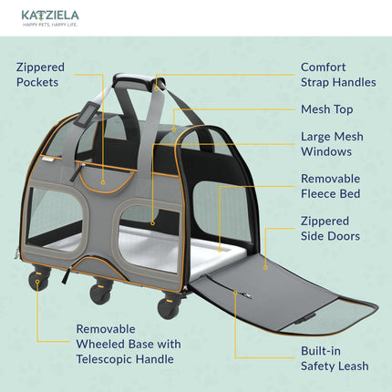 Katziela® Luxury Rider Pet Carrier with Removable Wheels and Telescopic Handle