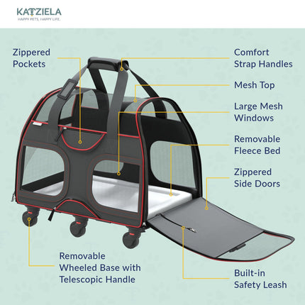 Katziela® Luxury Rider Pet Carrier with Removable Wheels and Telescopic Handle