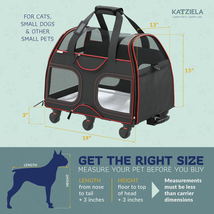 Katziela® Luxury Rider Pet Carrier with Removable Wheels and Telescopic Handle