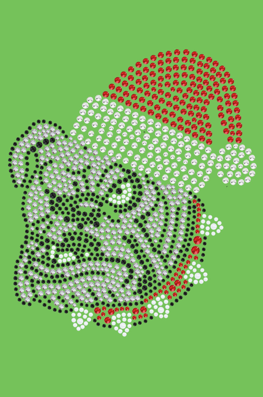 Bulldog Face (White) with Santa Hat - Bandana Lime Green