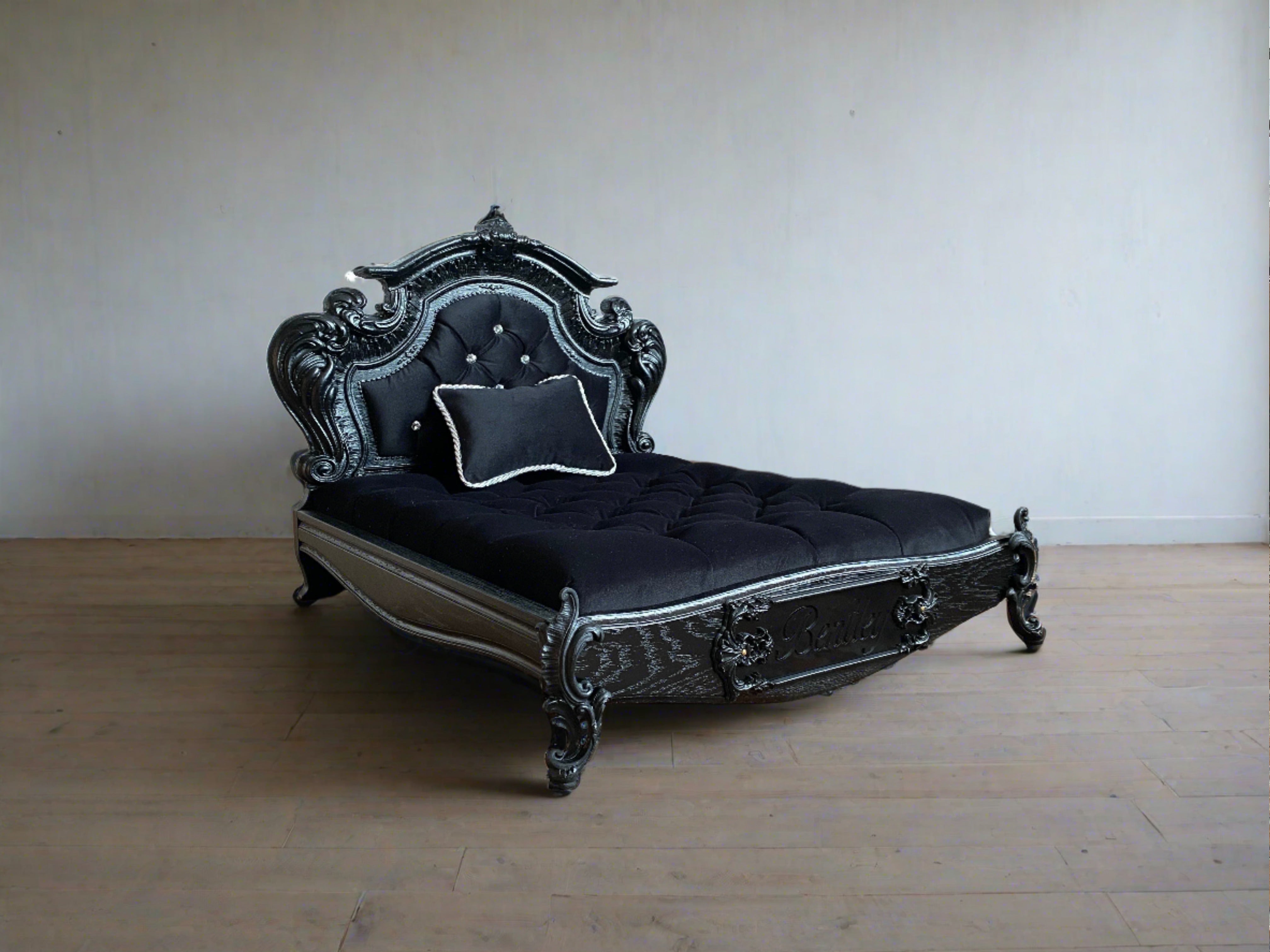 Luxury Baroque Pet Bed in Black Onyx & Diamond Buttons HT Animal Supply