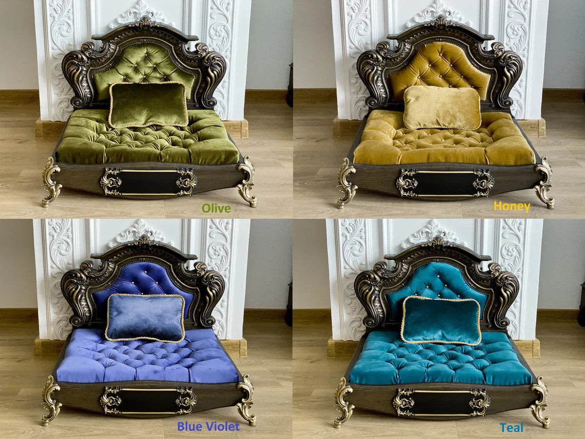 Luxury Baroque Pet Bed in Black Onyx & Diamond Buttons HT Animal Supply