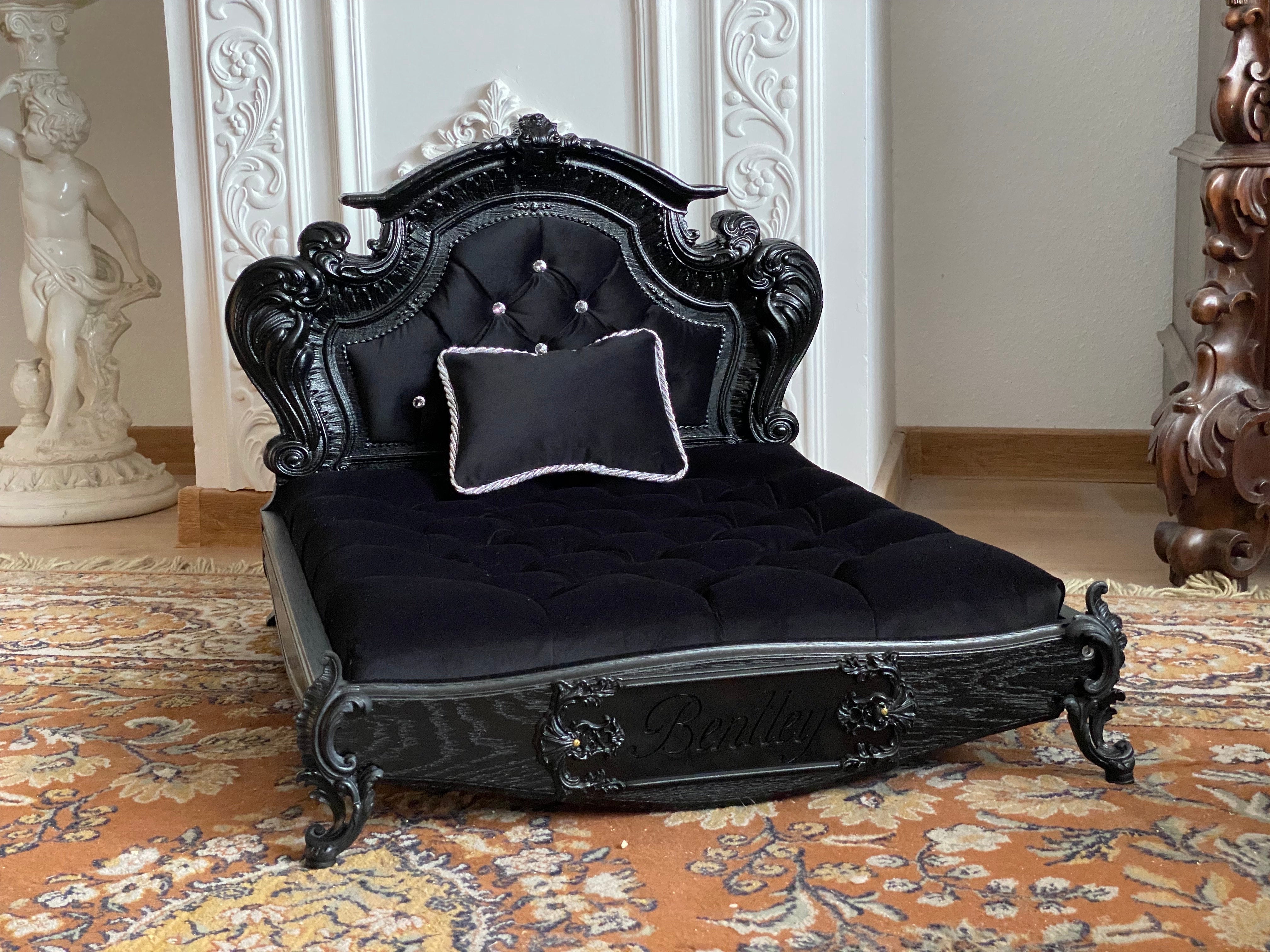 Luxury Baroque Pet Bed in Black Onyx & Diamond Buttons HT Animal Supply