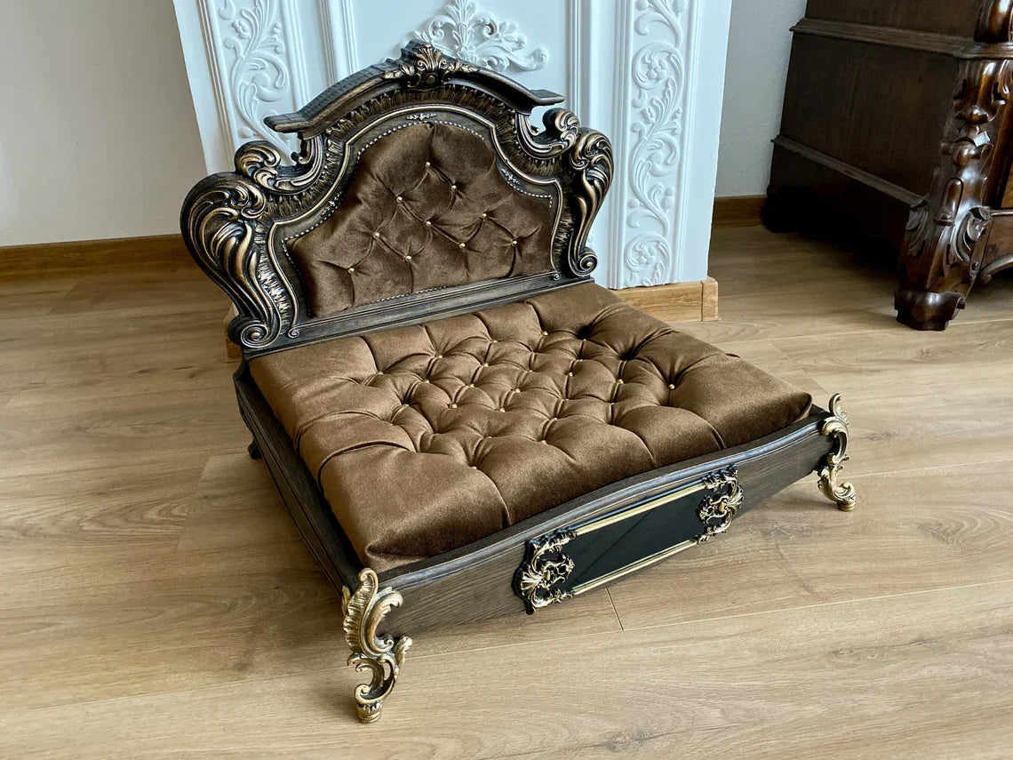 Luxury Baroque Pet Bed in Dark Walnut & Baby Pink HT Animal Supply