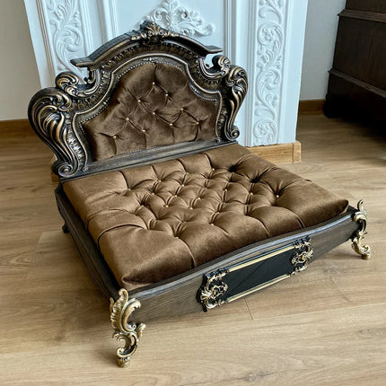 Luxury Baroque Pet Bed in Dark Walnut & Baby Pink