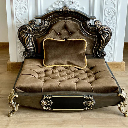 Luxury Baroque Pet Bed in Dark Walnut & Baby Pink