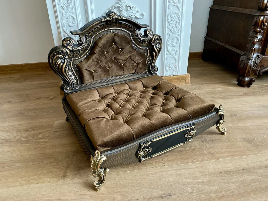 Luxury Baroque Pet Bed in Dark Walnut & Burgundy HT Animal Supply